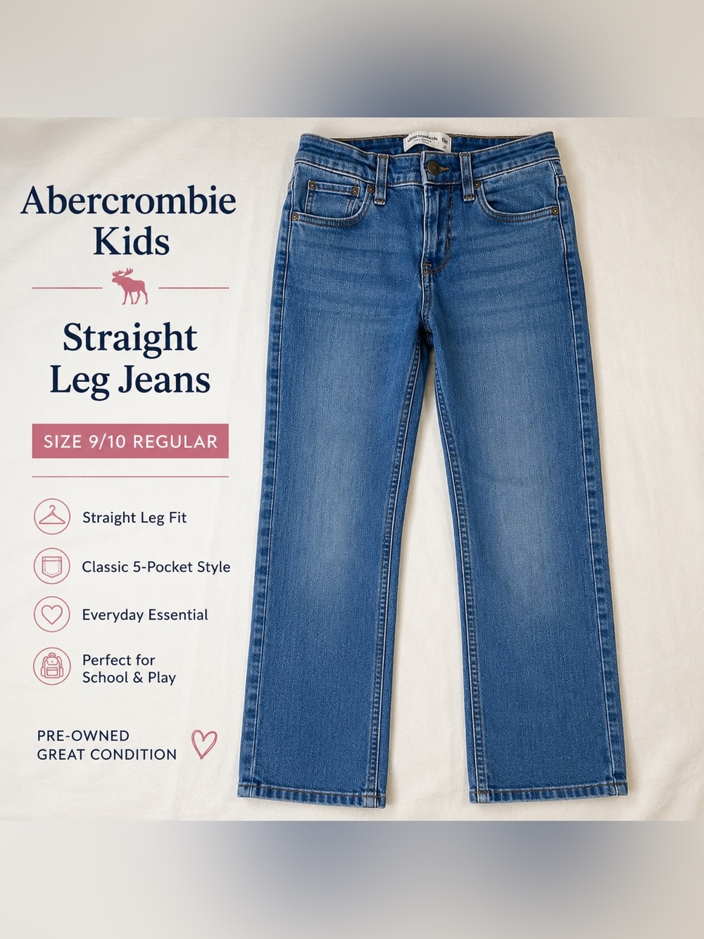 Abercrombie Kids Girls Straight Leg Jeans Size 9/10 Regular Medium Wash